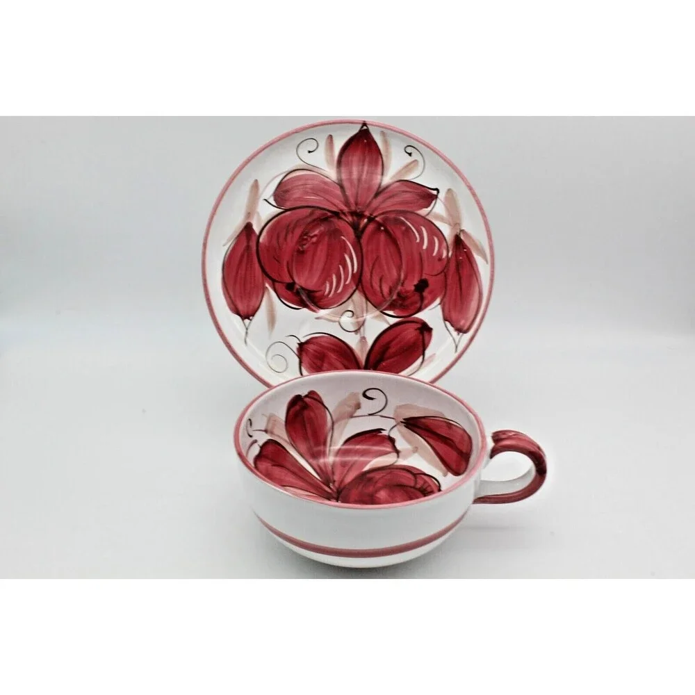 Italian Pottery Cup & Saucer Floral Hand Painted Coffee Tea VTG Oversize